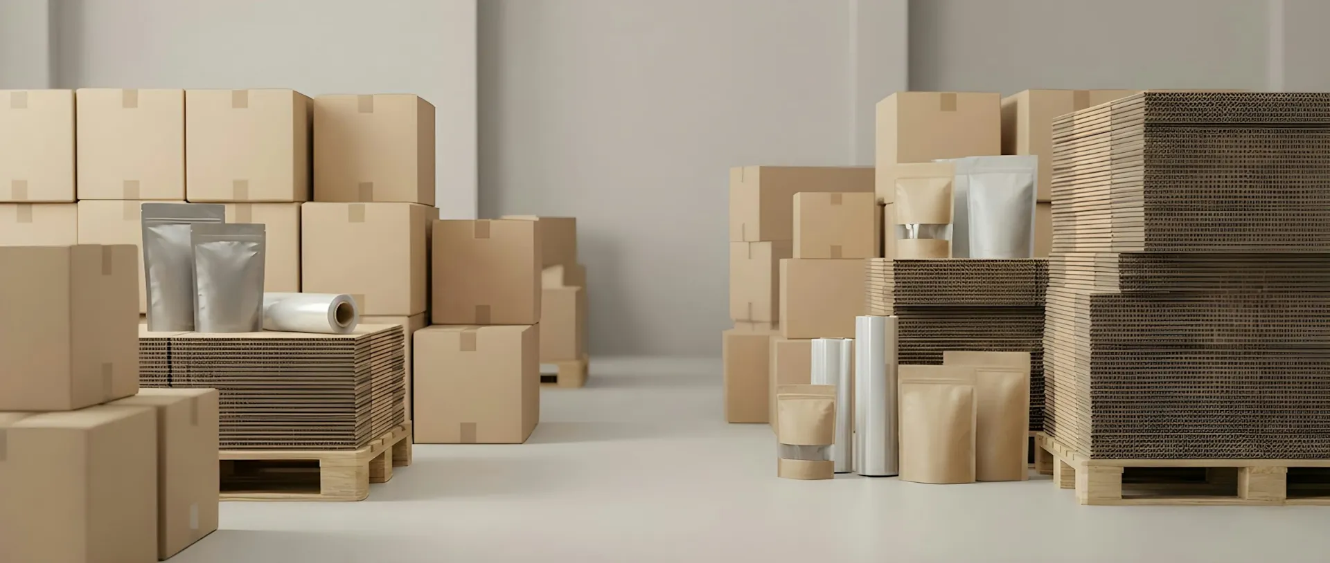 Stacked cardboard boxes, flat card and packaging ready to go out.